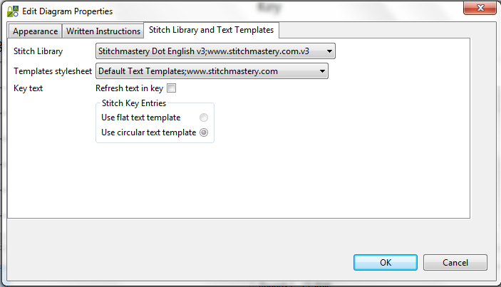 Edit Diagram Properties dialog with Stitch Library and Text Templates tab selected